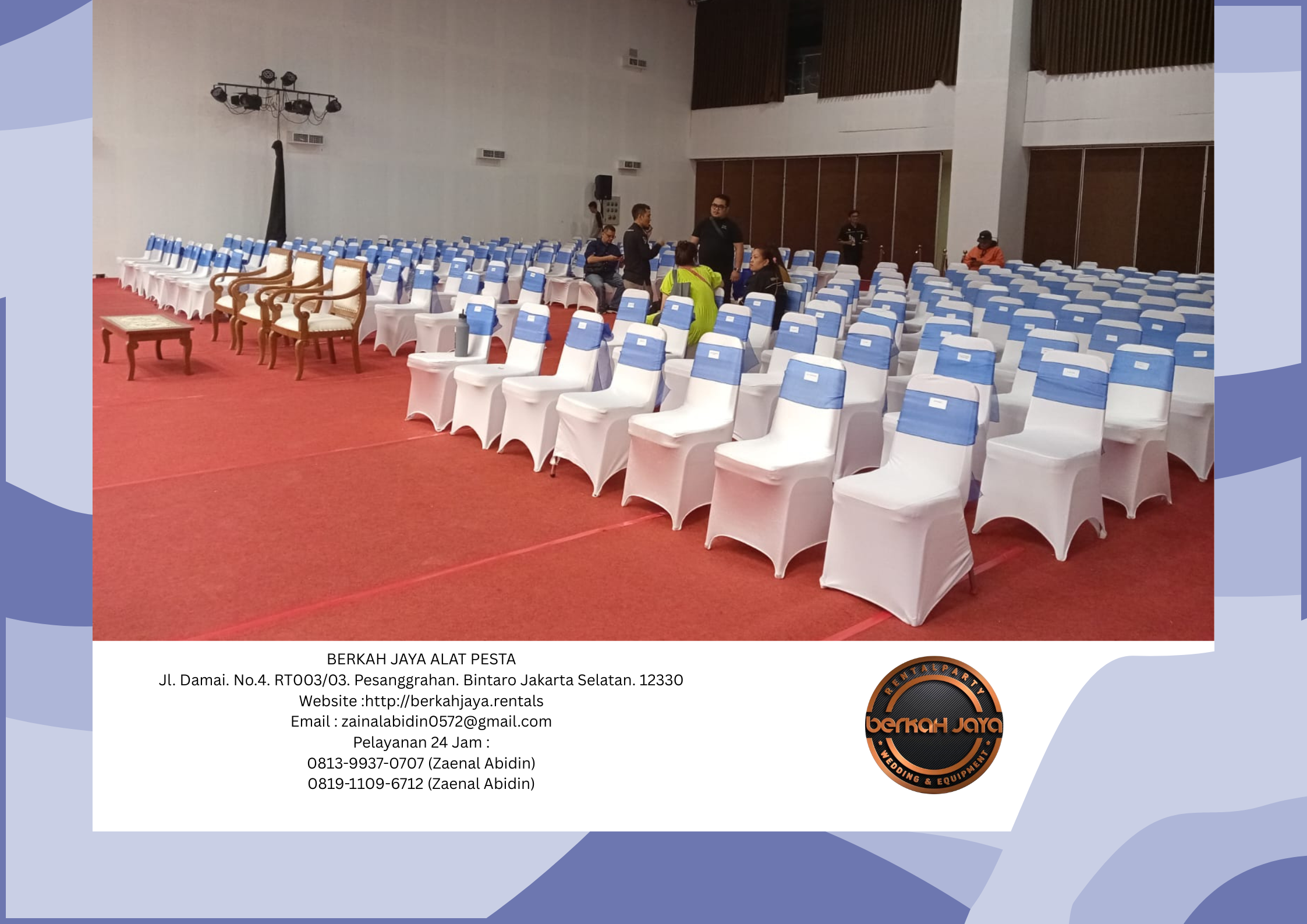 Rental Kursi Susun Cover Putih Pita Biru PLN Cikarang