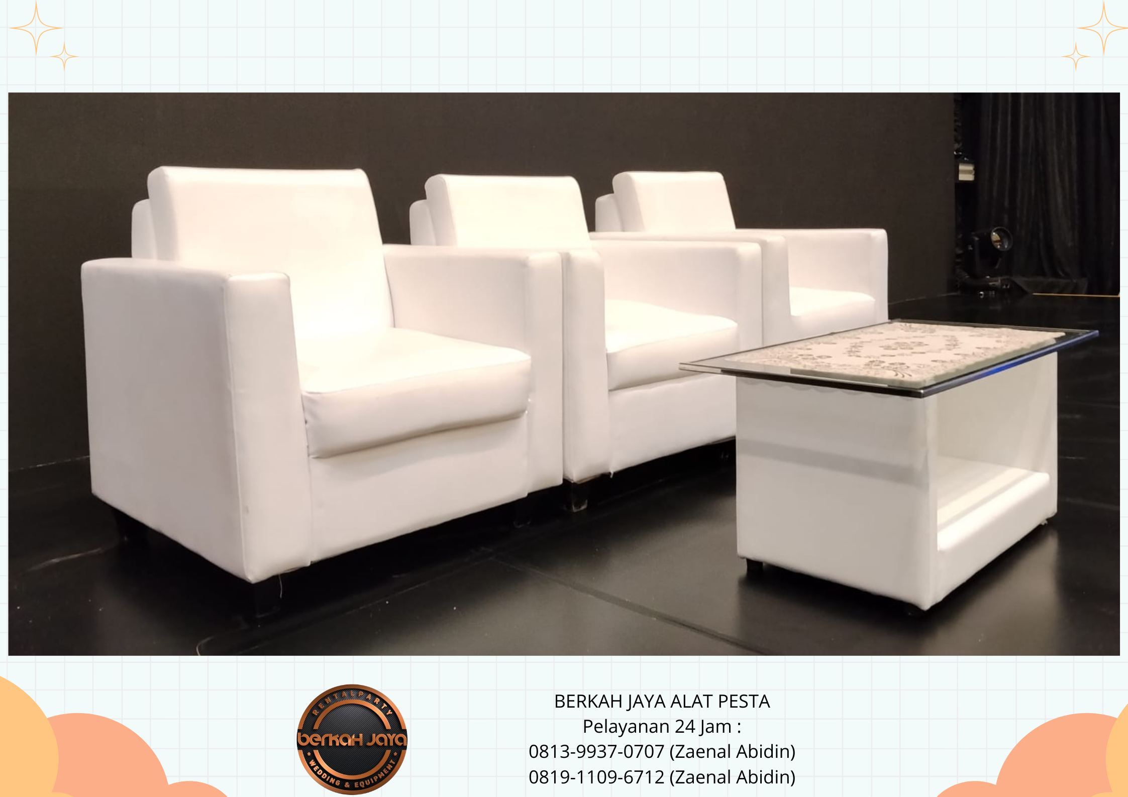Sewa Sofa Putih Meja VIP Kaca Kursi Cover Putih Jakarta Selatan