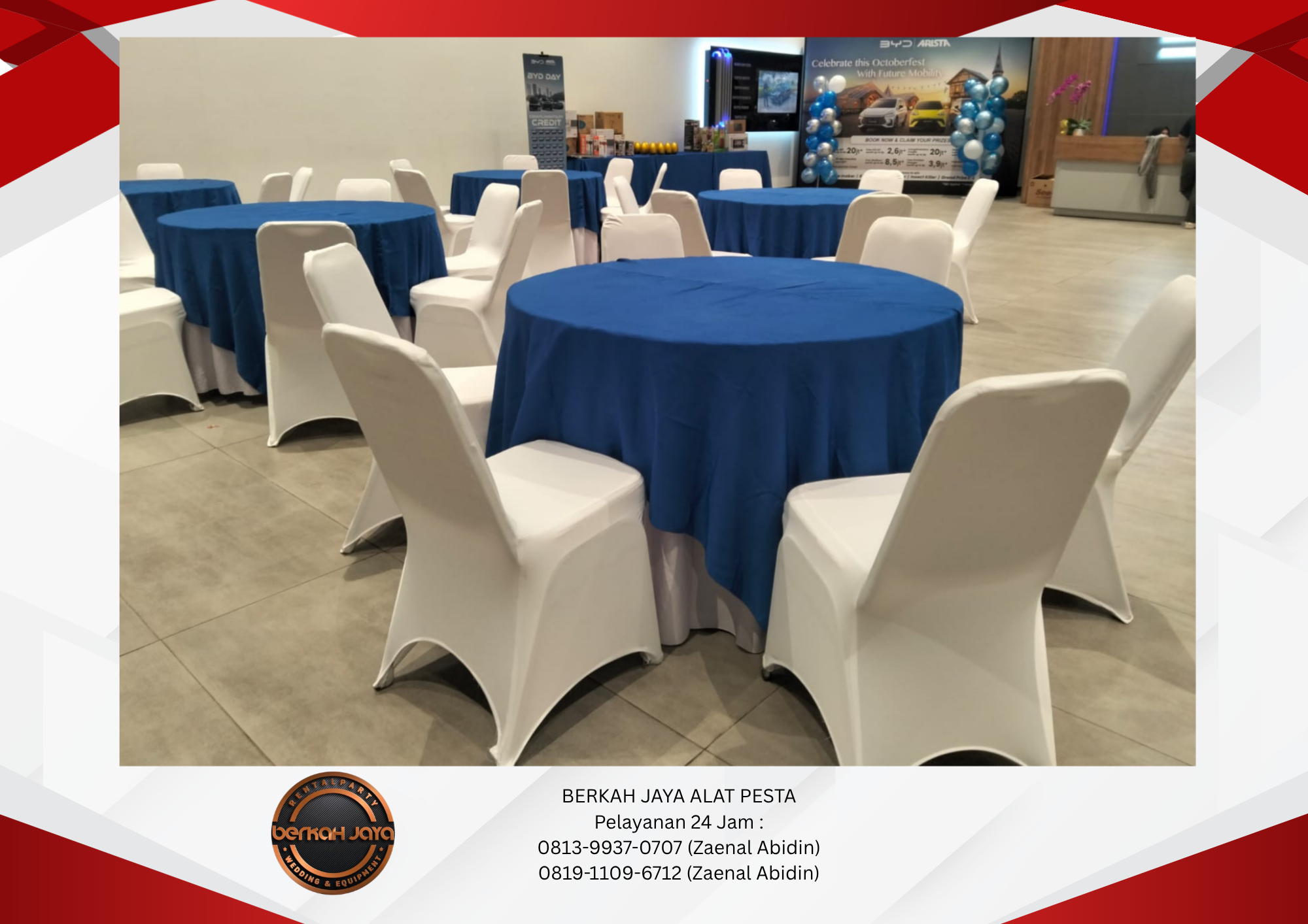 Rental Round Table Meja Kotak Topping Biru Jakarta Selatan 081399370707